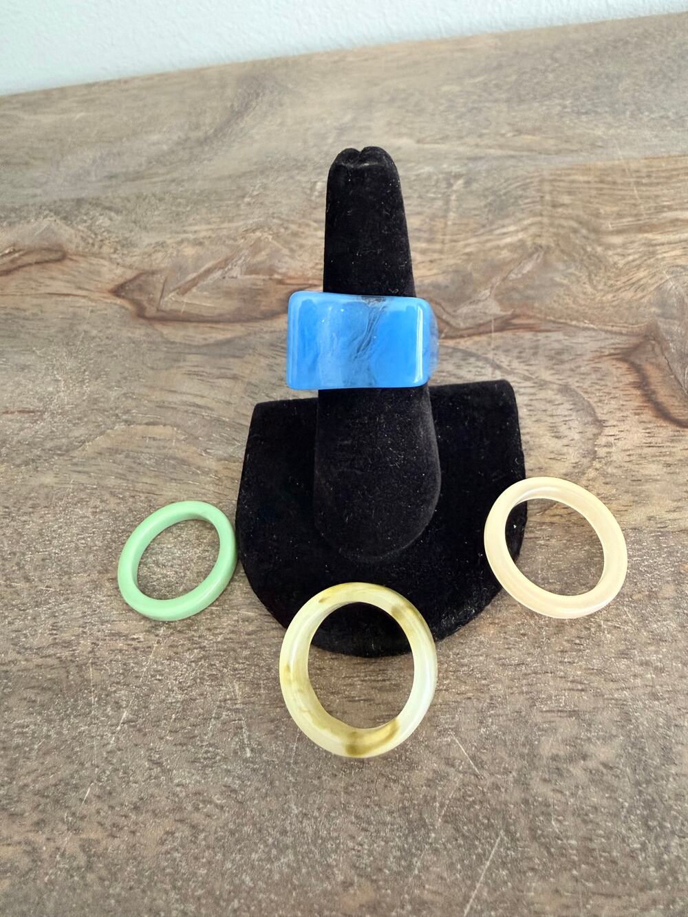 Colorful Acrylic Lucite Ring Bundle Blue Green Cream Yellow Sizes 6.75-8